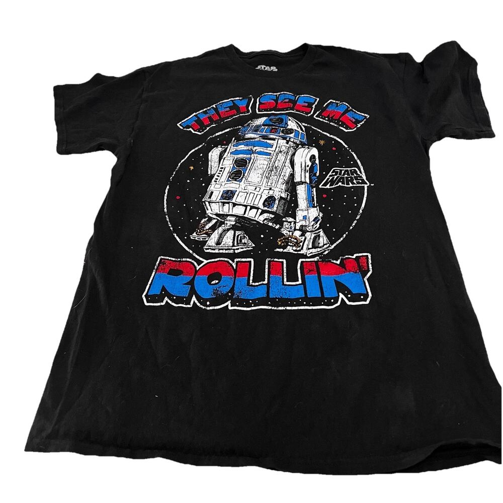 Disney's Star Wars Standard Black Adult T-Shirt "They See Me Rollin'" R2-D2 Med